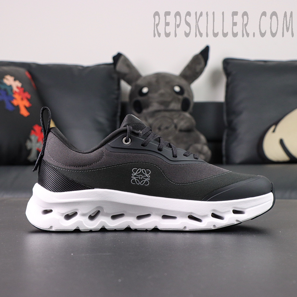 Lateral side of ON L × Cloudtilt 2 “Black” showing LOEWE embossed logo and sleek black mesh upper.