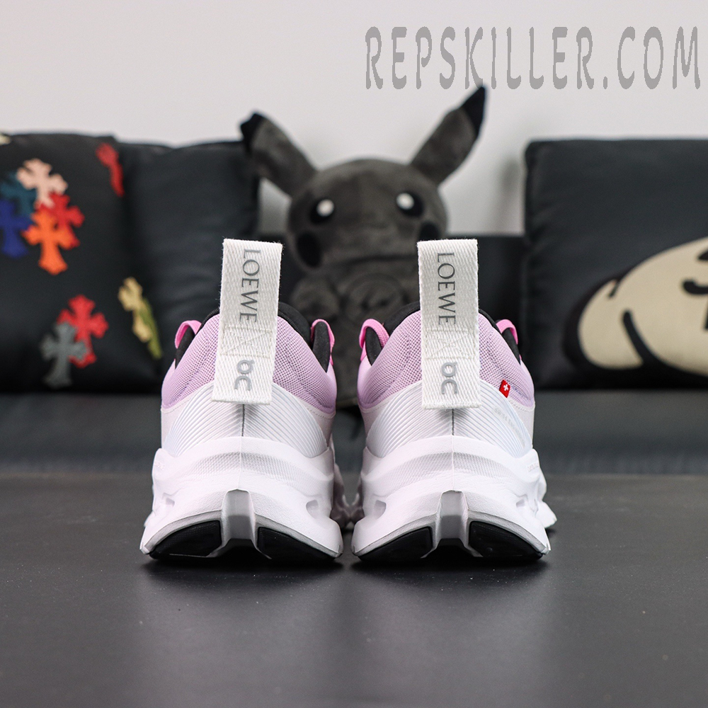 Back view of ON L × Cloudtilt 2 “Pink White” showing dual heel tabs with LOEWE and On branding.