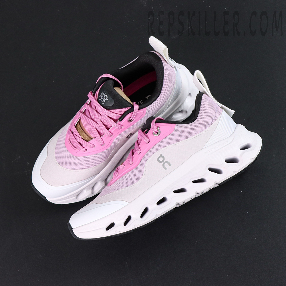 Top angled view of ON L × Cloudtilt 2 “Pink White” showing aerodynamic silhouette and contrast tones.
