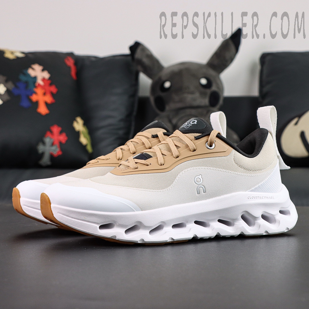 Side view of ON L × Cloudtilt 2 “Tan White” featuring beige overlays and lightweight white midsole.