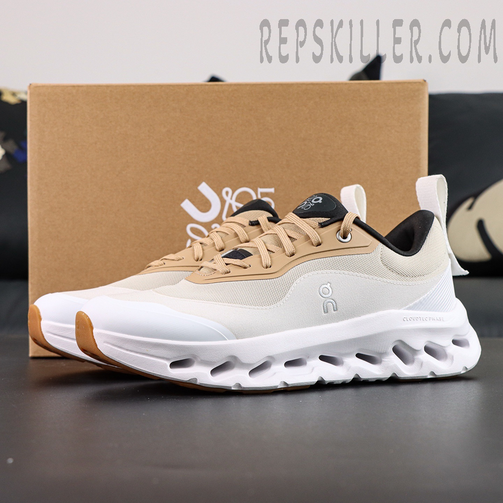 ON L × Cloudtilt 2 “Tan White” with box in background, highlighting minimalist design and neutral palette.