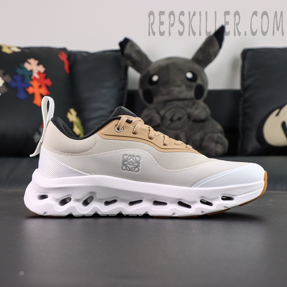 Lateral side of ON L × Cloudtilt 2 “Tan White” showing LOEWE logo embossed on upper panel.