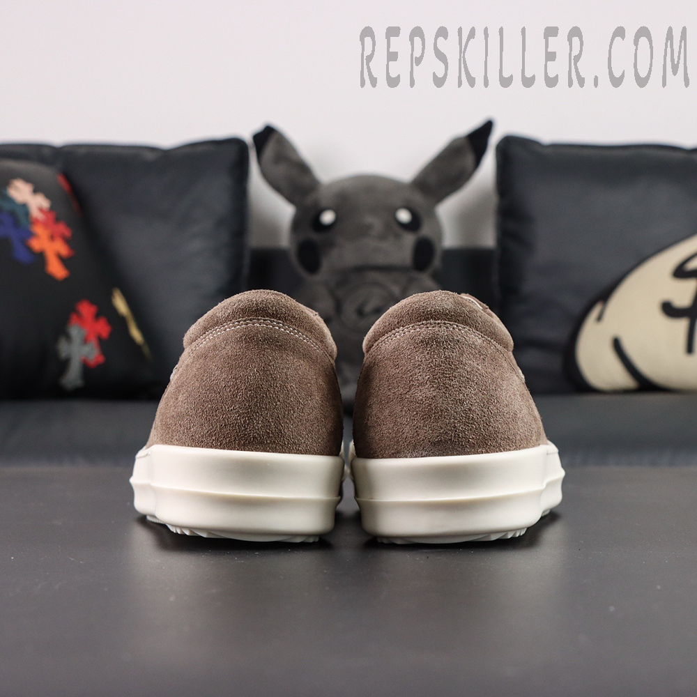 Rear view of DRKSHDW Porterville Vintage Low “Dust Milk” showing clean heel structure and plush suede finish.