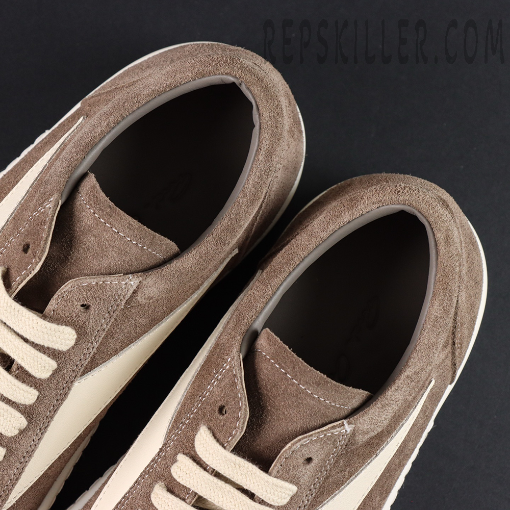 Interior collar close-up of DRKSHDW Porterville Vintage Low “Dust Milk” showing smooth lining and craftsmanship.