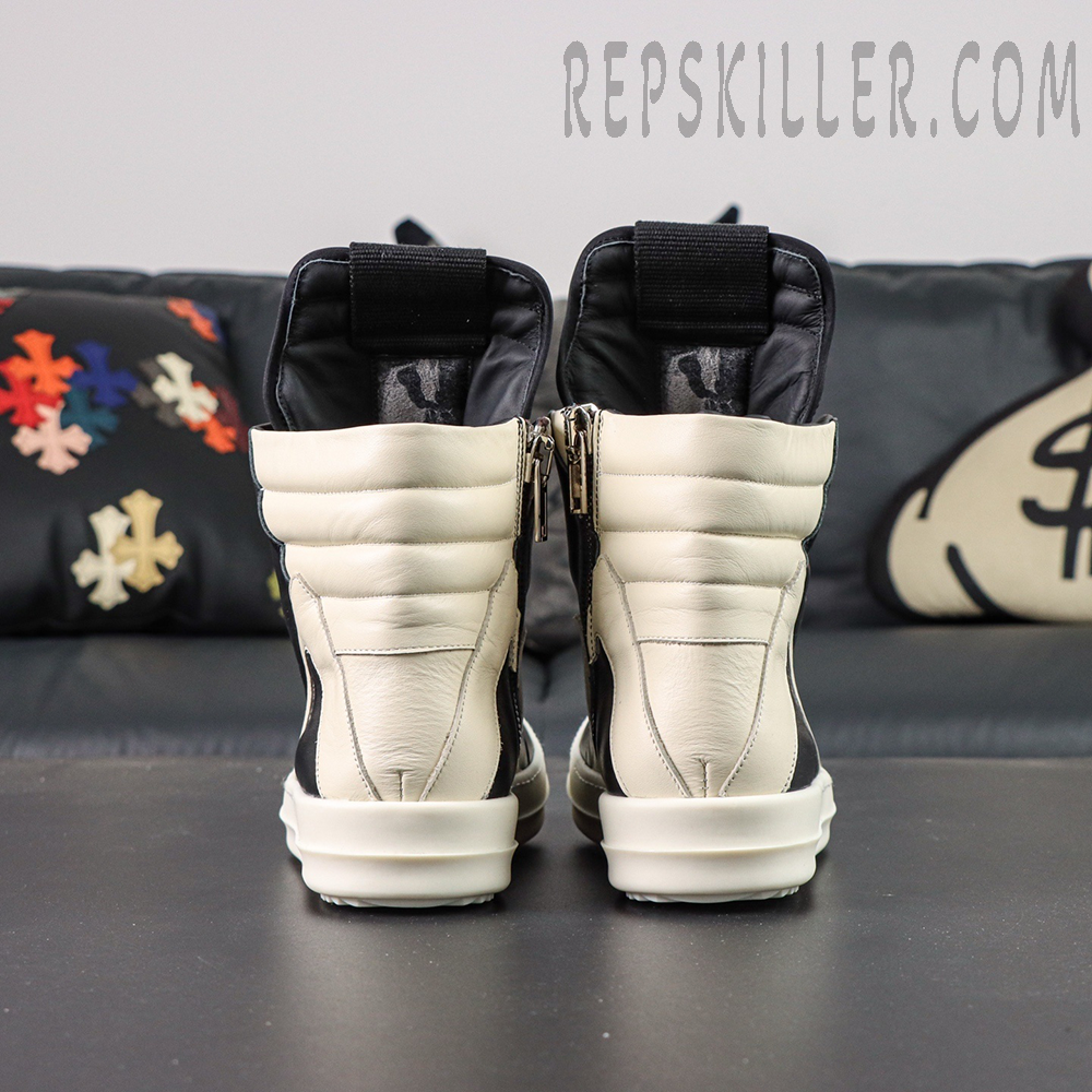 Back-angle shot of Porterville Geobasket ‘Black Milk’ sneakers displaying heel construction.