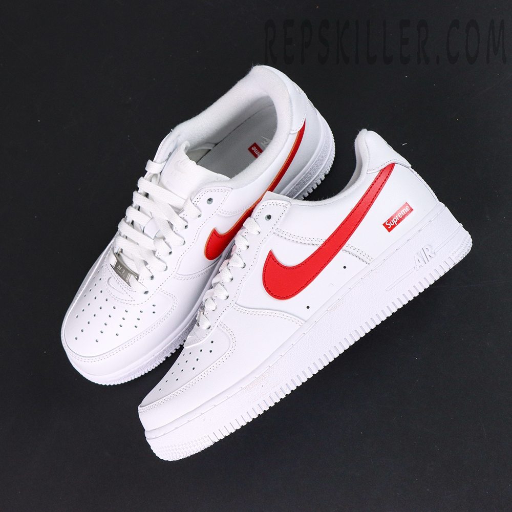 Overhead view of Supreme x Nike Air Force 1 Low SP ‘Box Logo - Speed Red’ showing full-grain leather and classic silhouette