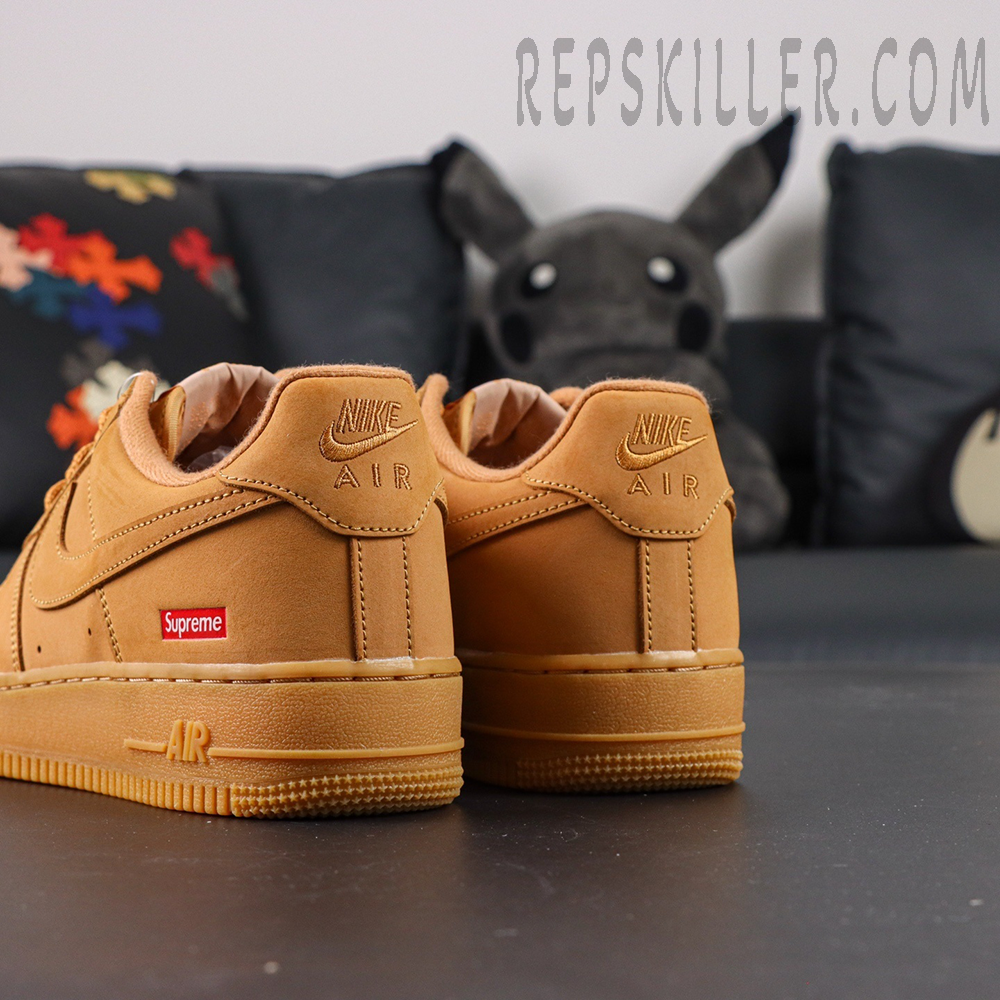Rear view of Sup x Air Force 1 Low SP ‘Box Logo - Wheat’ showing Nike Air logo and red Supreme box logo
