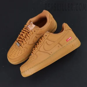 Overhead view of Sup x Air Force 1 Low SP ‘Box Logo - Wheat’ highlighting premium wheat nubuck and gold lace tips