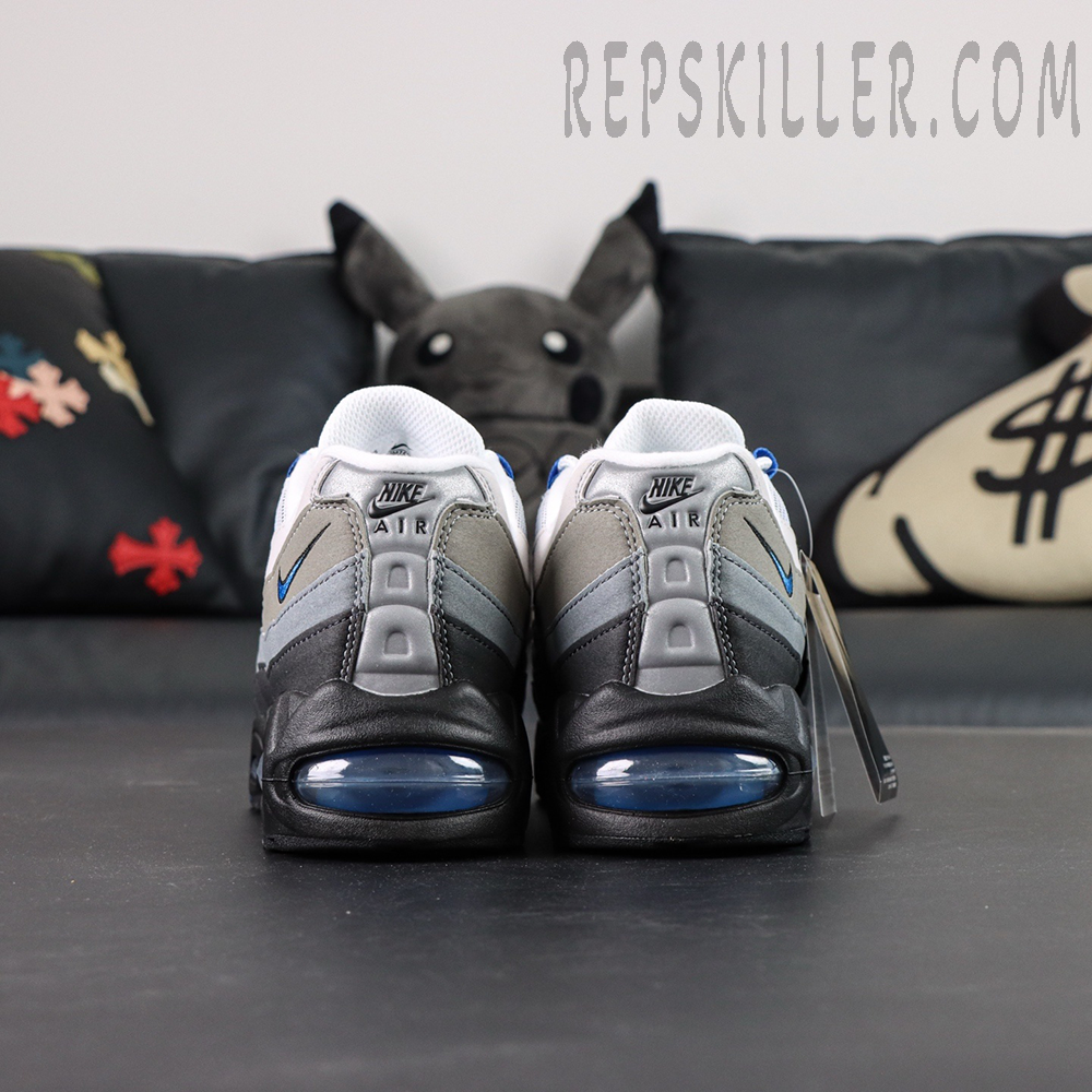 Close-up of the Air Max 95 OG ‘Blue Spark’ heel showcasing the blue Air unit and grey gradient upper