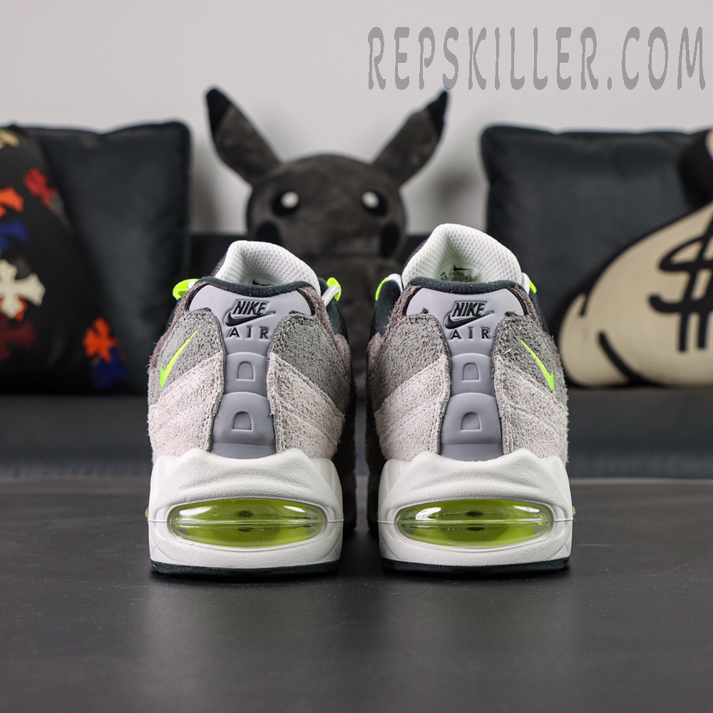 Nike Air Max 95 OG Reverse Neon rear angle showing dual heel units and reflective heel tab details.