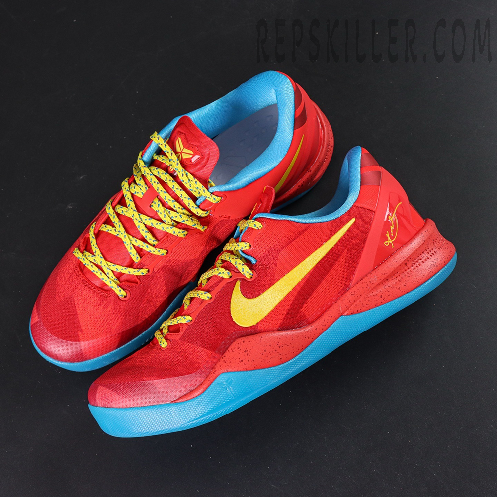 Top-down view of Kobe 8 Protro Year of the Horse in red upper with yellow Swoosh and blue outsole, highlighting festive color blocking.