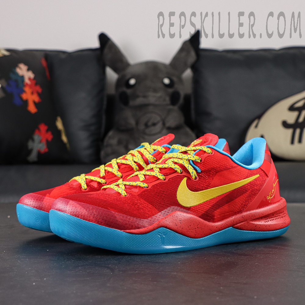 Full pair side-by-side view of Kobe 8 Protro Year of the Horse showcasing red upper, yellow Swoosh and blue midsole.