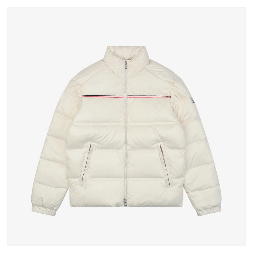 Moncler Bouvaque Tricolor Stripe Stand Collar Down Jacket White Front view