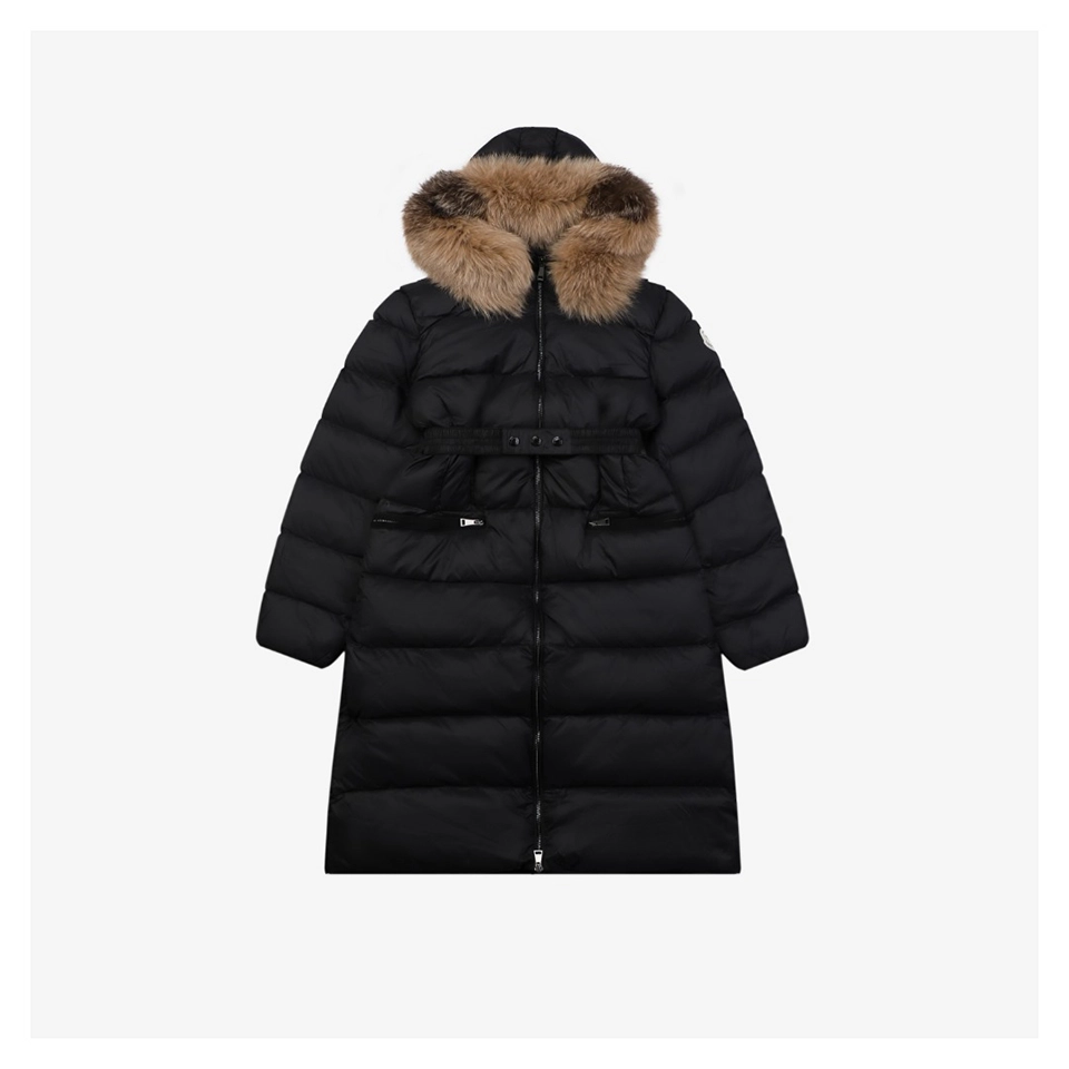 Mxxcler Boedic Belted Fur-Trim Hooded Long Down Jacket Black Front view