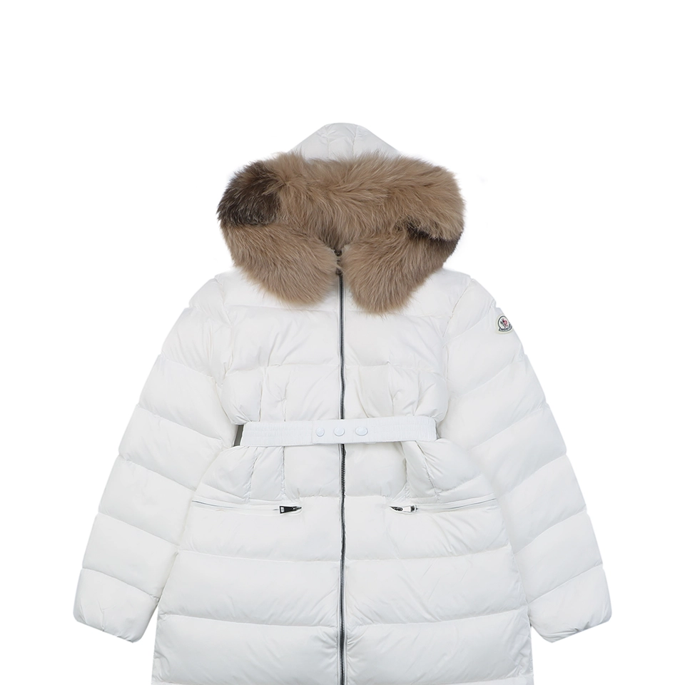 Mxxcler Boedic Belted Fur-Trim Hooded Long Down Jacket White