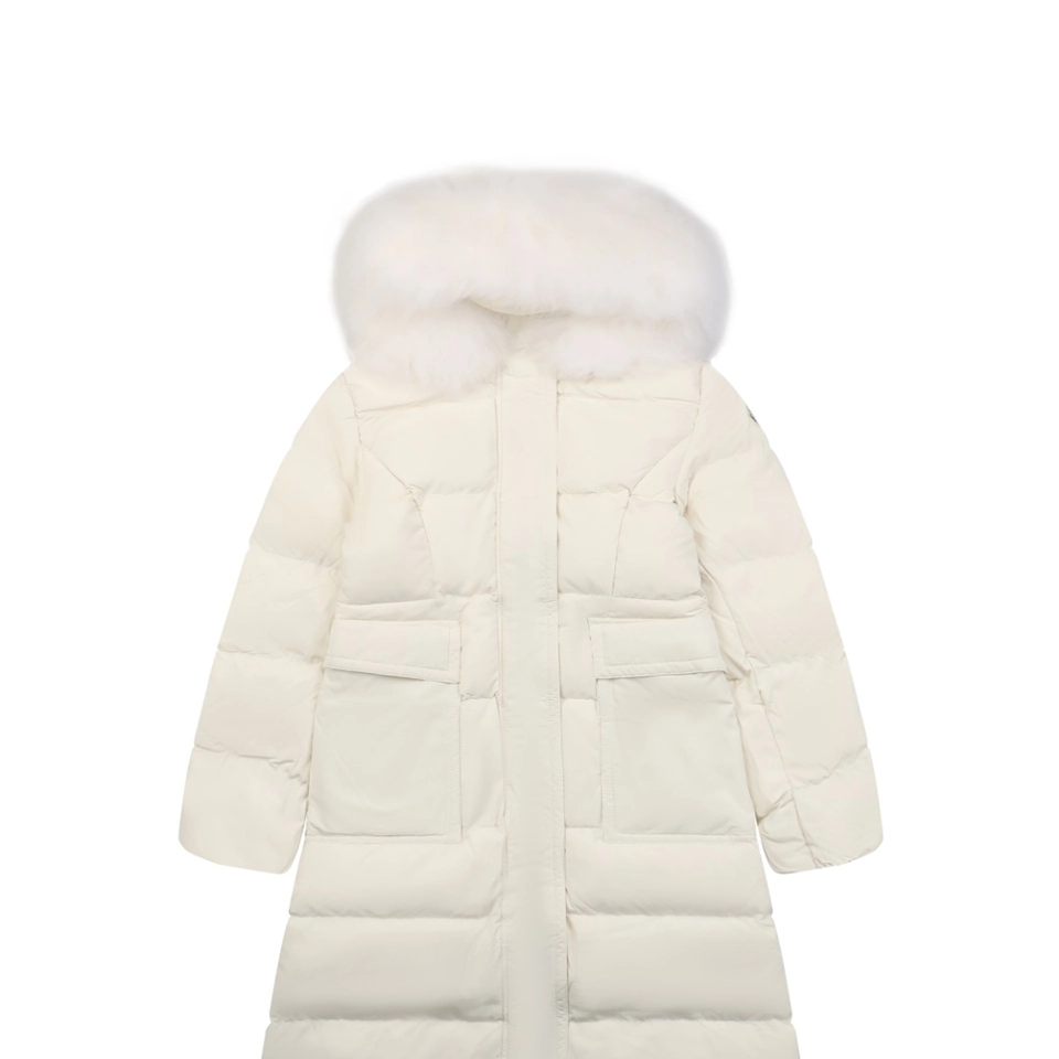 Mxxcler Long Hooded Down with Fur Trim Jacket White