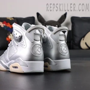 PSG x Air Jordan 6 Metallic Silver heel view featuring Paris Saint-Germain collaboration badge