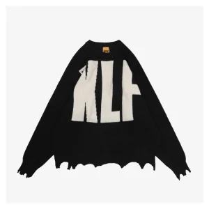 Saint Michael x KLF Intarsia Logo Distressed Wool Sweater Front view