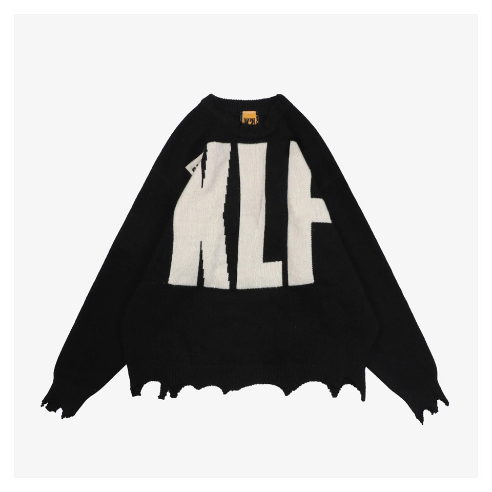Saint Michael x KLF Intarsia Logo Distressed Wool Sweater Front view