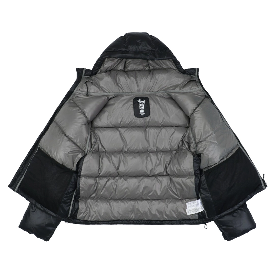 Stussy Classic Logo Hooded Down Jacket – Black/Grey Embroidery Lining