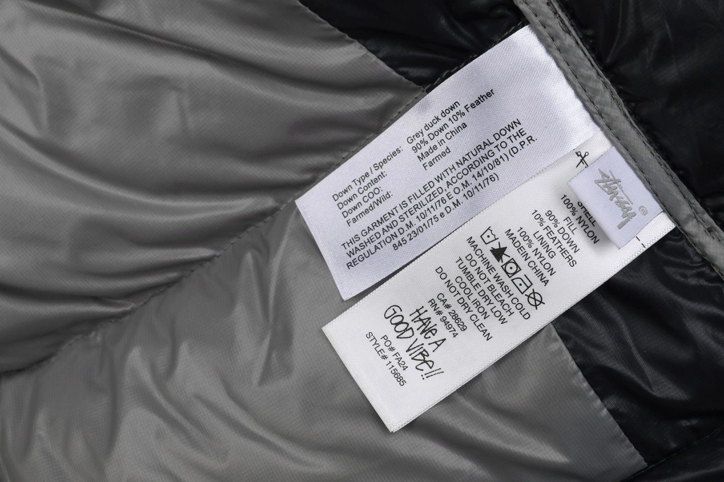 Stussy Classic Logo Hooded Down Jacket – Black/Grey Embroidery Wash label