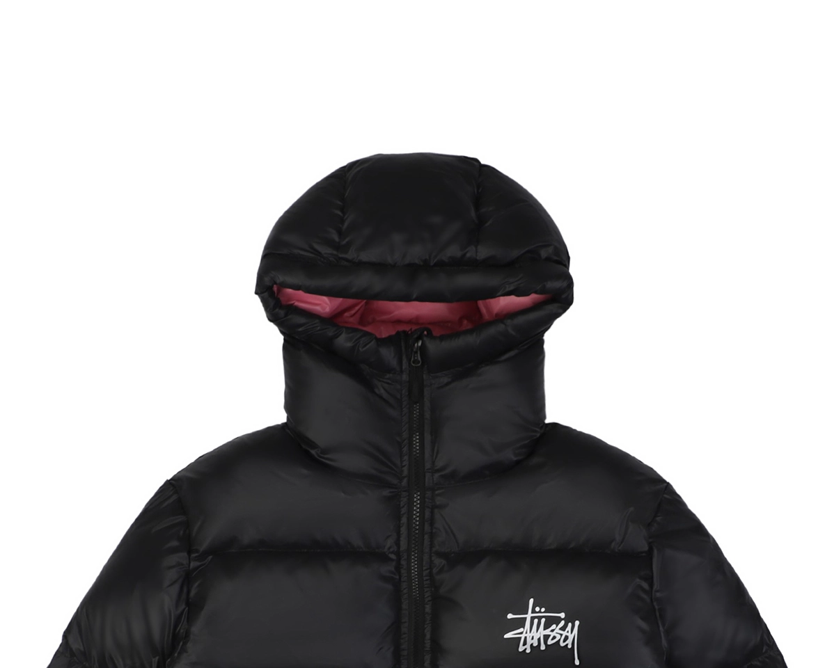 Stussy Classic Logo Hooded Down Jacket – Black/Pink