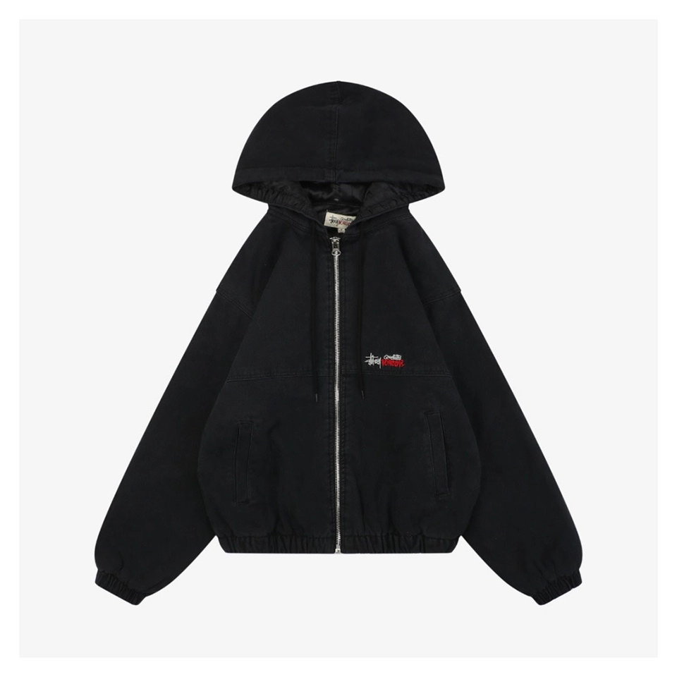 Stussy Embroidered Logo Hooded Cotton Jacket Black Fornt view
