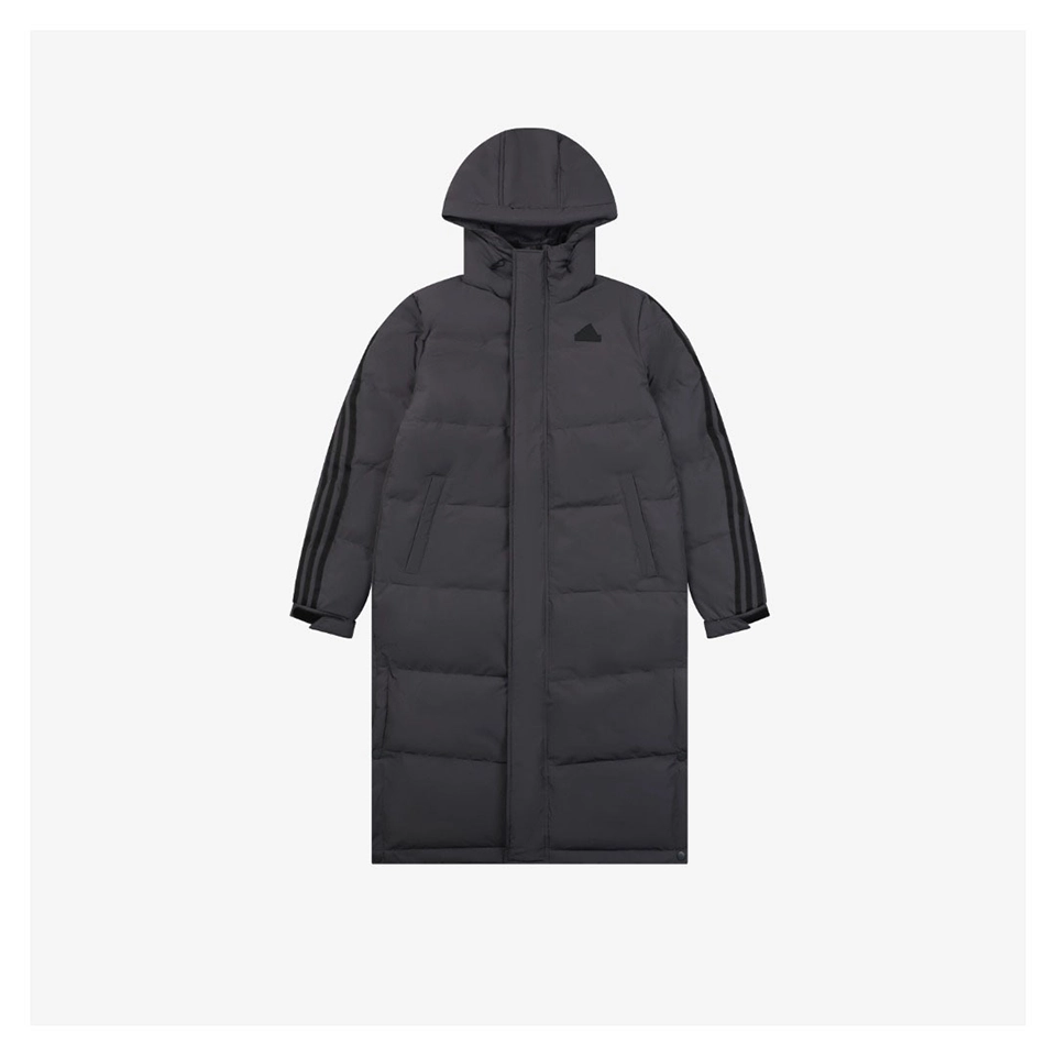 Adidas Three-Stripes Hooded Long Down Jacket Grey Front view