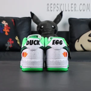 Nike Air Force 1 DOAF Oregon “Duck or Egg” PE heel embroidery showing Duck and Egg