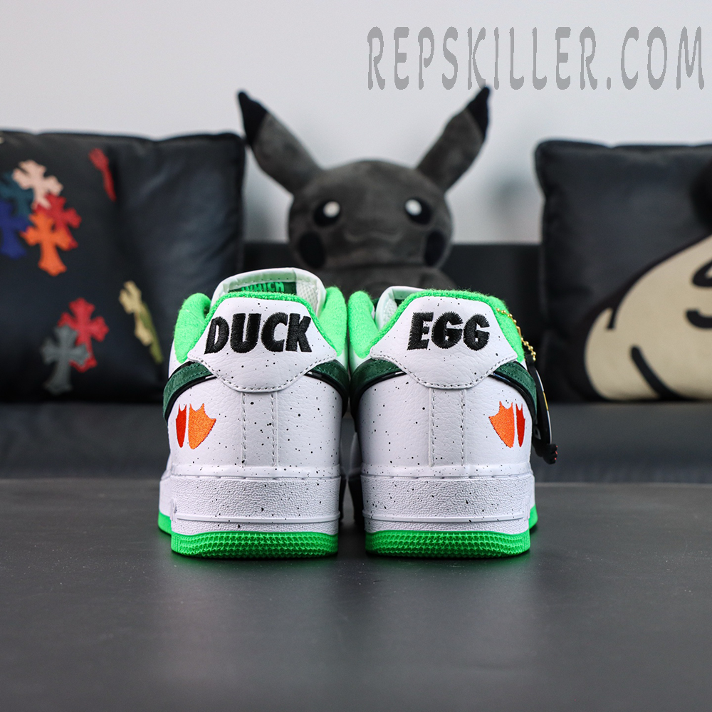 Nike Air Force 1 DOAF Oregon “Duck or Egg” PE heel embroidery showing Duck and Egg