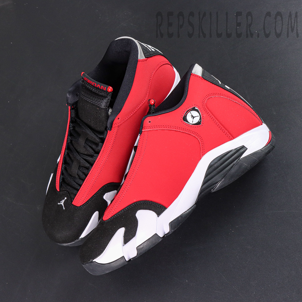 Top-down view of Air Jordan 14 Gym Red in classic red and black colorway