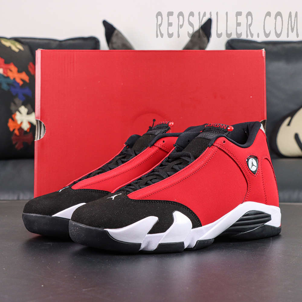 Air Jordan 14 Gym Red displayed with original red Jordan shoebox