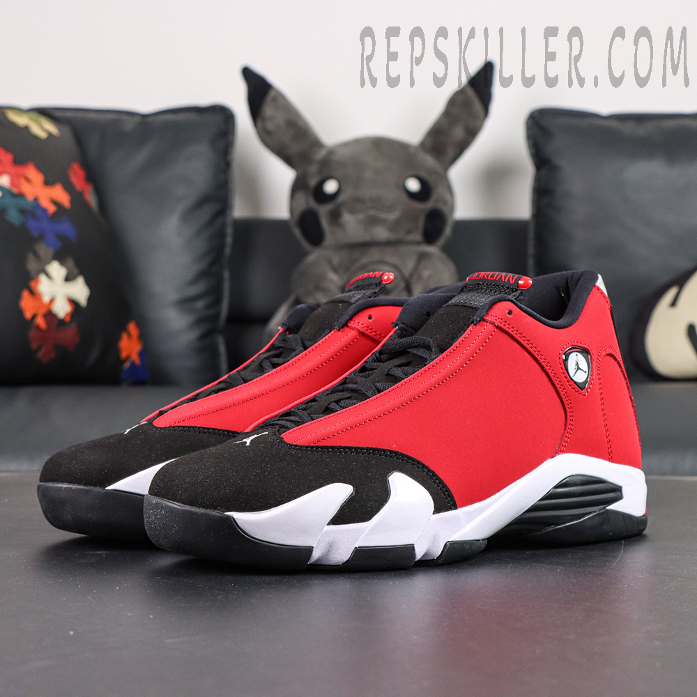 Air Jordan 14 Gym Red front angled view inspired by sports car design