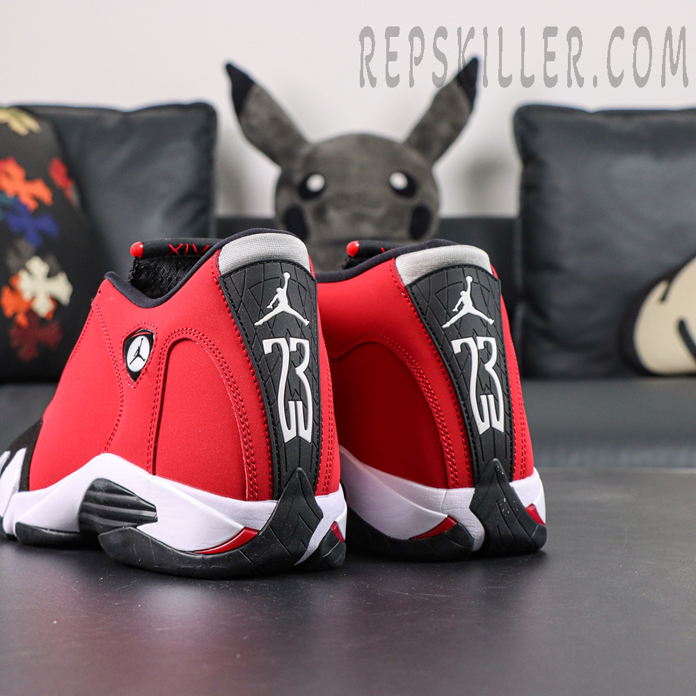 Air Jordan 14 Gym Red heel angled detail with carbon-fiber style panel