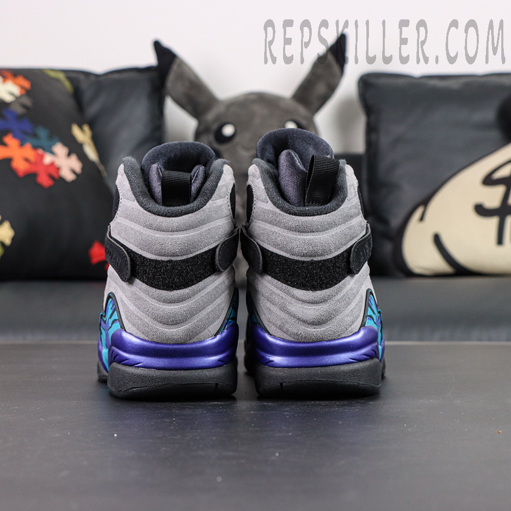 Air Jordan 8 Retro Aqua heel view featuring layered suede panels and purple midsole