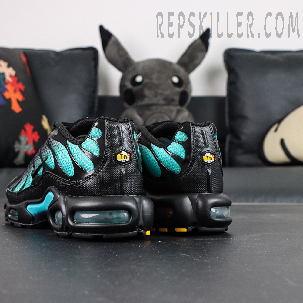 Nike Air Max Plus Black Dusty Cactus heel view featuring Tn Air badge and visible air cushioning