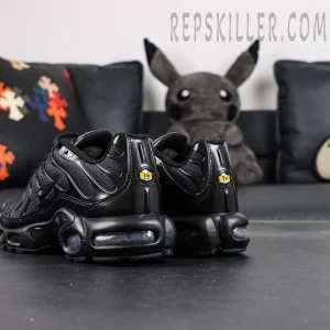 Nike Air Max Plus Triple Black sneakers back view with visible Air unit