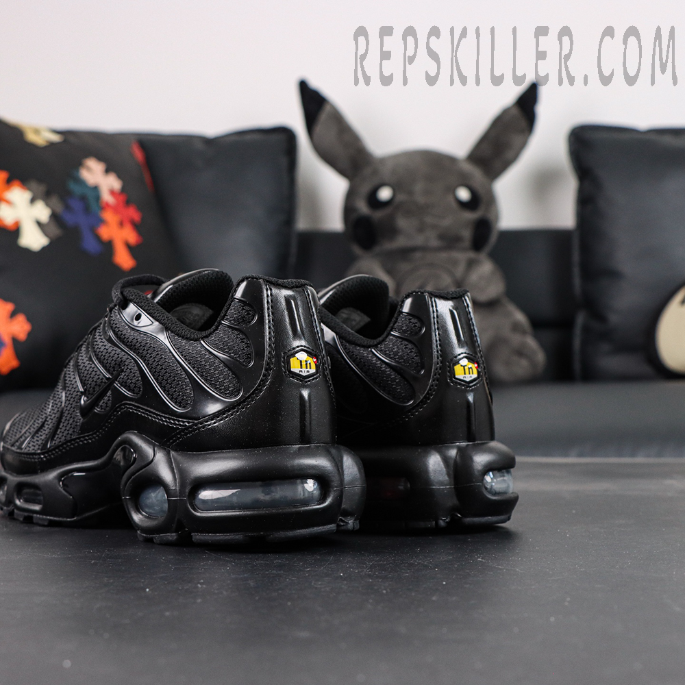 Nike Air Max Plus Triple Black sneakers back view with visible Air unit