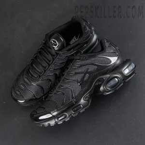 Nike Air Max Plus Triple Black sneakers angled top-down view