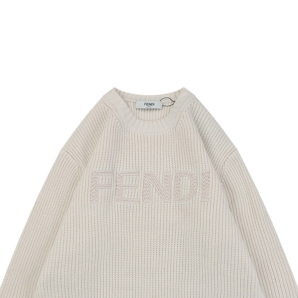 Fendi Logo Crewneck Knit Sweater Beige