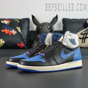 Fragment Design x Union LA x Air Jordan 1 “Sport Royal” collaboration sneakers, front view of the pair with black and royal blue upper and deconstructed panels