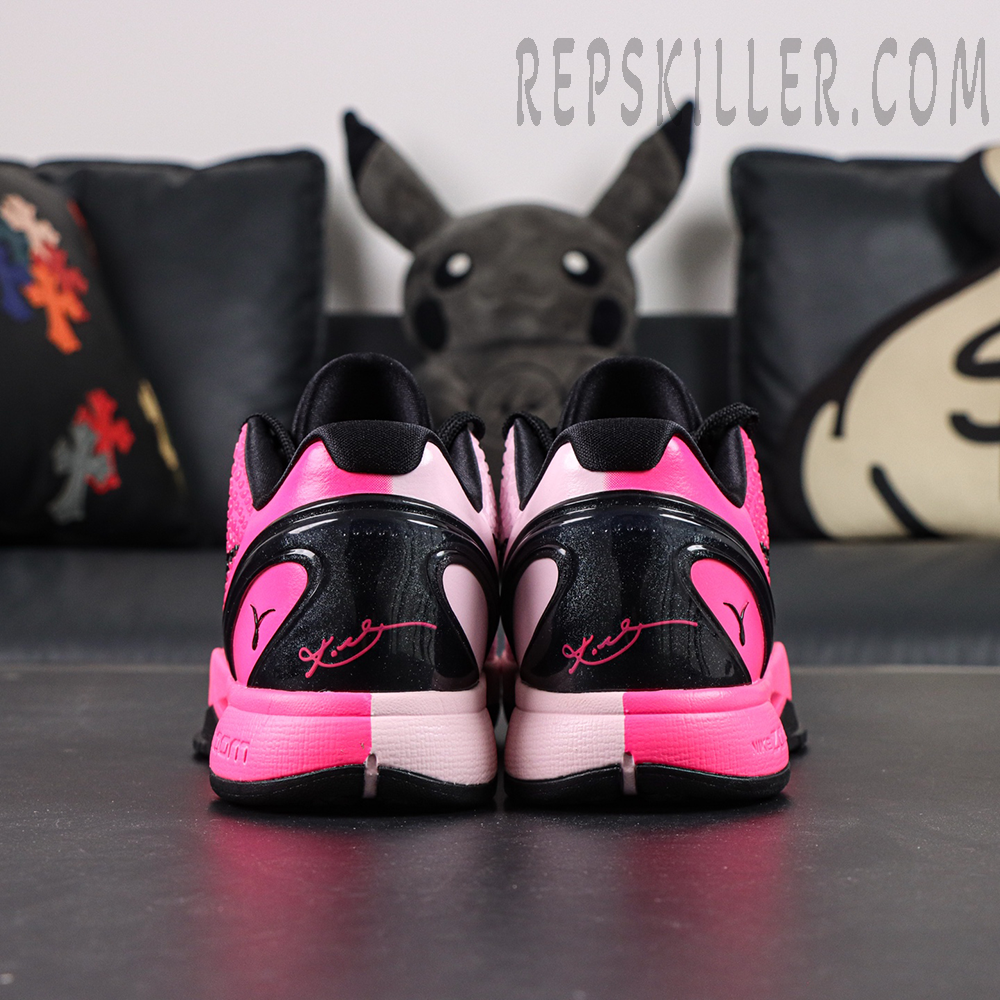 Nike Kobe 6 Protro Kay Yow rear view showing pink and black symmetrical design with Kay Yow signature detail