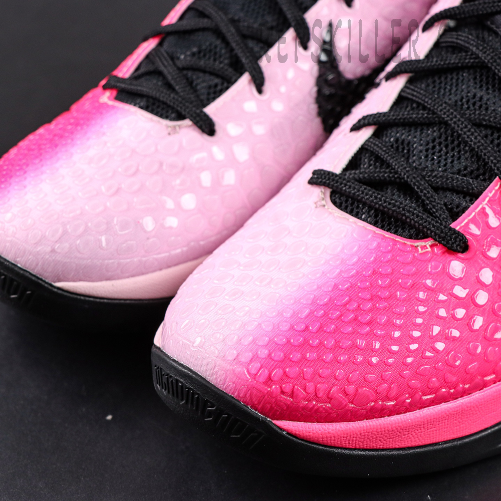 Nike Kobe 6 Protro Kay Yow toe box close-up highlighting pink snakeskin texture and gradient finish