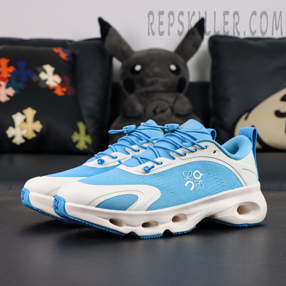 Loewe x ON Cloudsolo Blue White sneakers, front side angle view