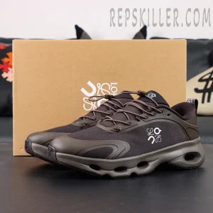Full pair of Loewe x ON Cloudsolo Dark Brown Black sneakers shown from front angle