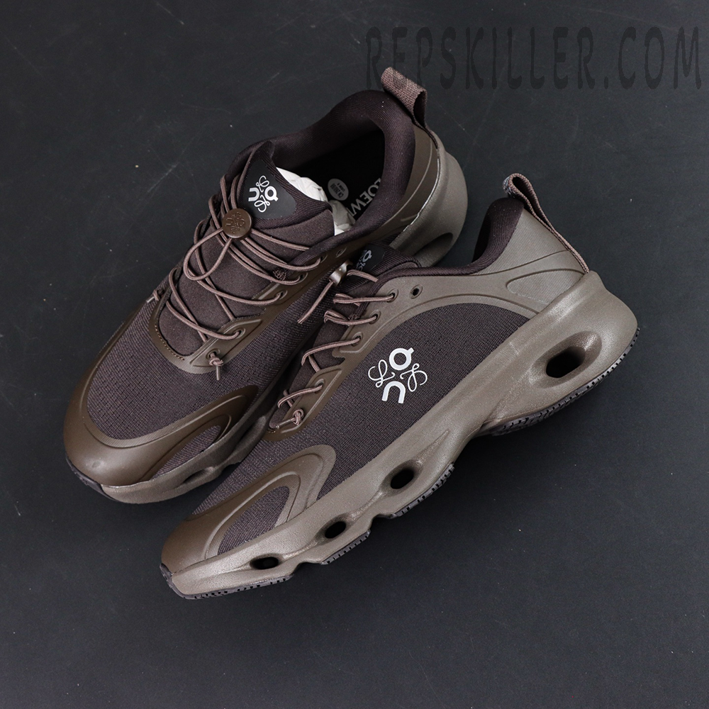 Top-down view of Loewe x ON Cloudsolo Dark Brown Black sneakers arranged side by side