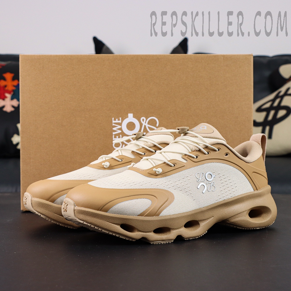Loewe x ON Cloudsolo Dark Sand Cream sneakers front view with shoe box