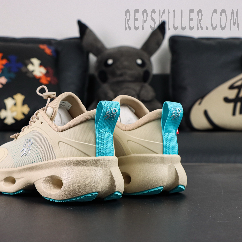 Loewe x ON Cloudsolo Sand Turquoise sneakers, rear view of both shoes