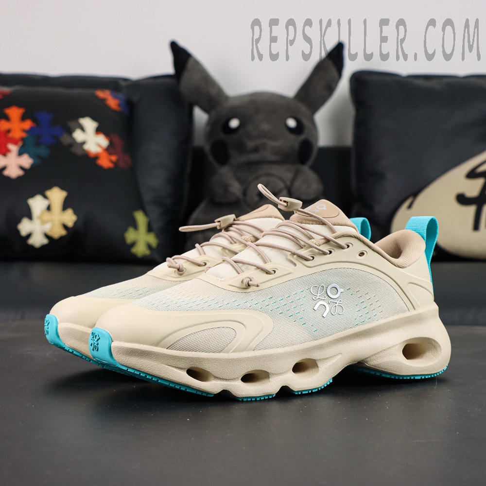 Loewe x ON Cloudsolo Sand Turquoise sneakers, front side angle