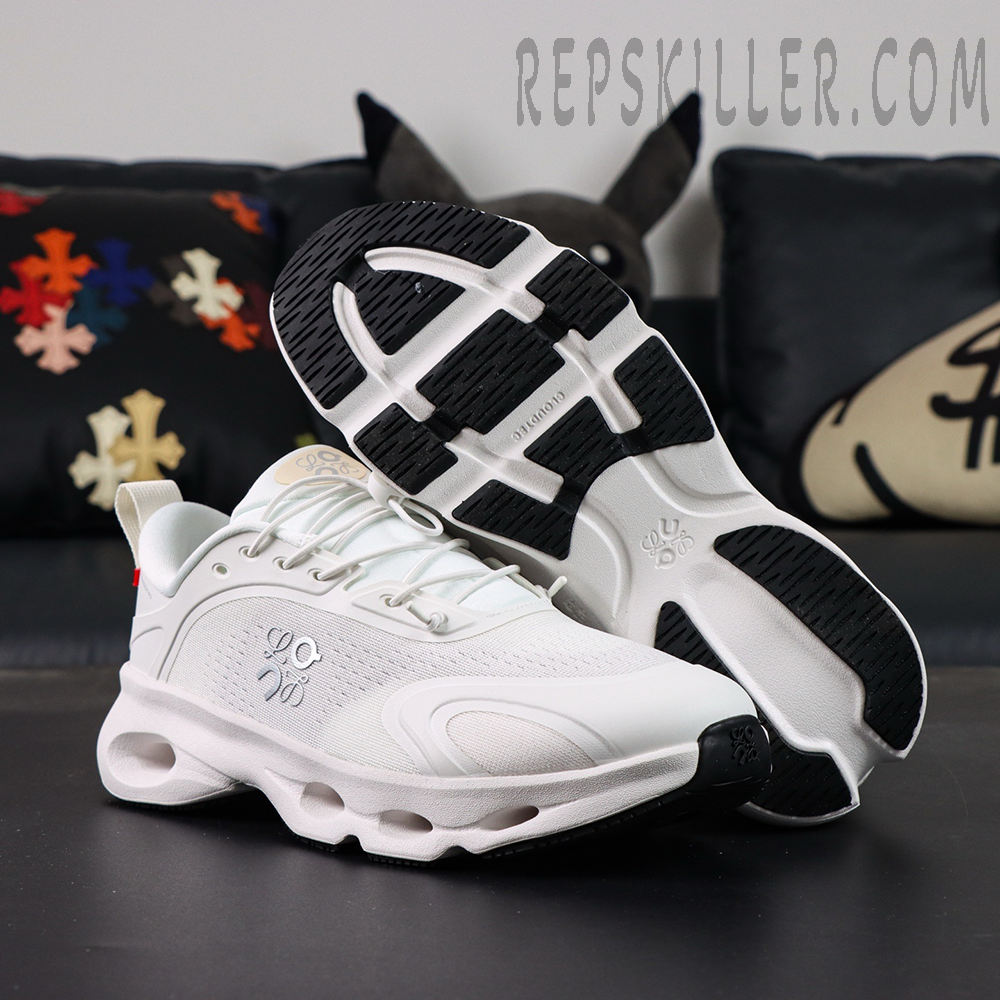 Loewe x ON Cloudsolo white collaboration sneakers front view with outsole detail